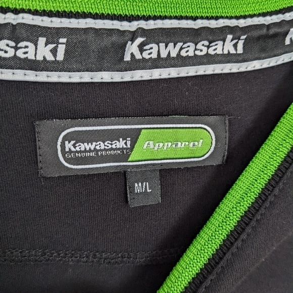 KAWASAKI black t-shirt logo printed greem collar size Medium Large M2 - Picture 5 of 7